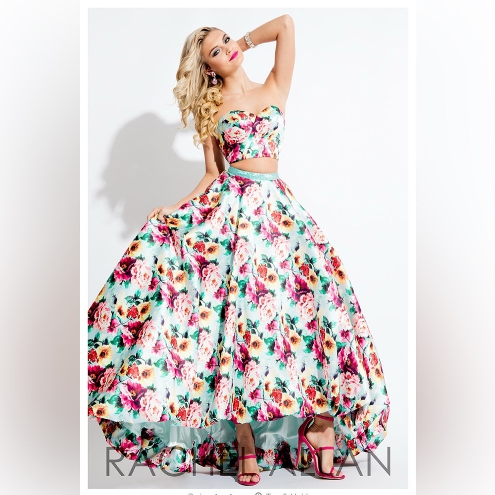 Rachel Allan Strapless Floral Dress with Pink and Green Accents